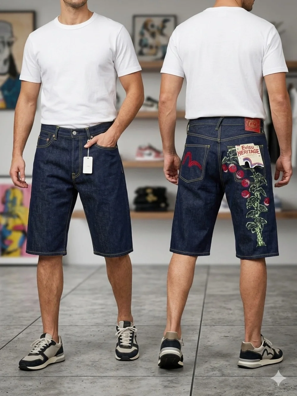 Evisu Heritage Y2K  Blue Denim Shorts With Cherry Graphic Embroidered Size 38